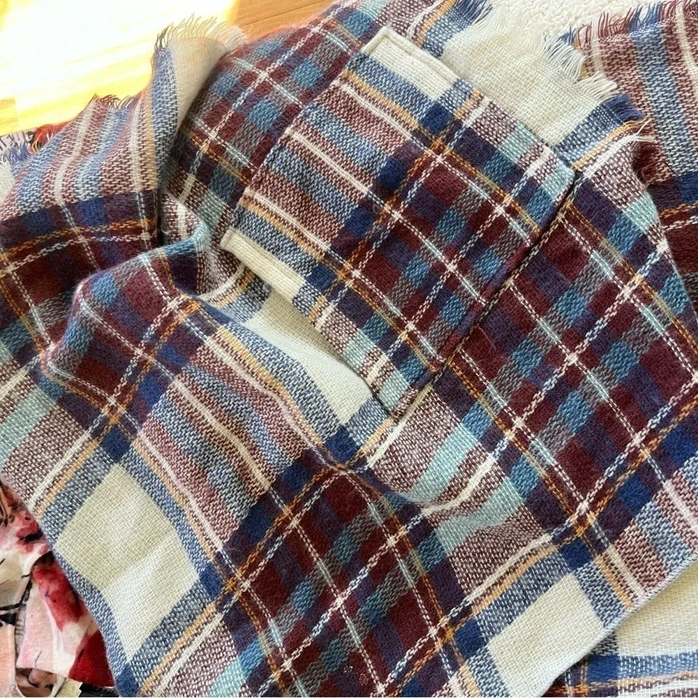 Francesca's Plaid Open Front Poncho Wrap Blue Burgundy Fringe boho  One Size OS